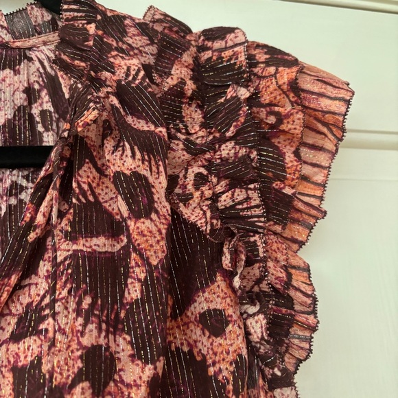 Ulla Johnson Dira Top Bordeaux Metallic Ruffle Size 6 Flutter Sleeve Tassel Tie - Picture 13 of 17